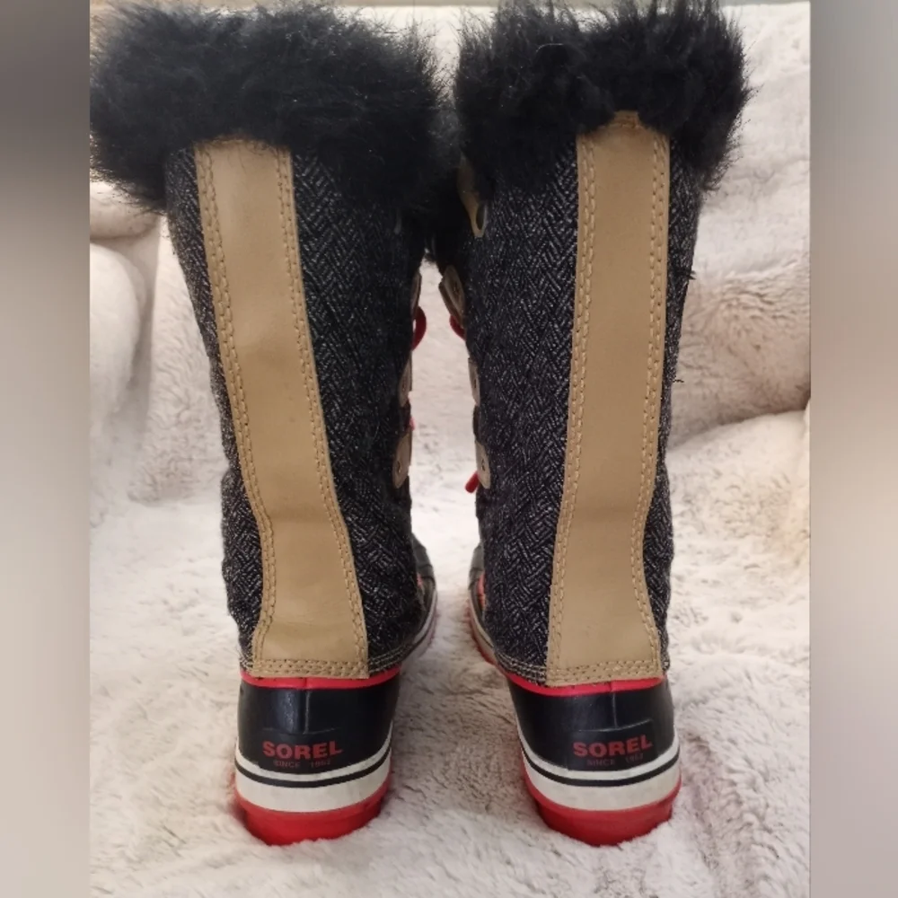 Sorel Women's Black, Tan & Red Winter Rain Boots with Faux Fur Trim